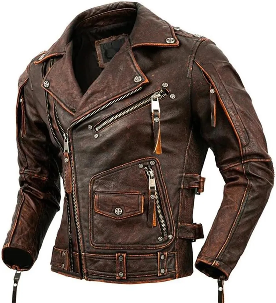 Wjnvfioo Motorcycle Leather Jacket Men Slim Retro Jacket Leather Coat Men Moto Biker Clothes