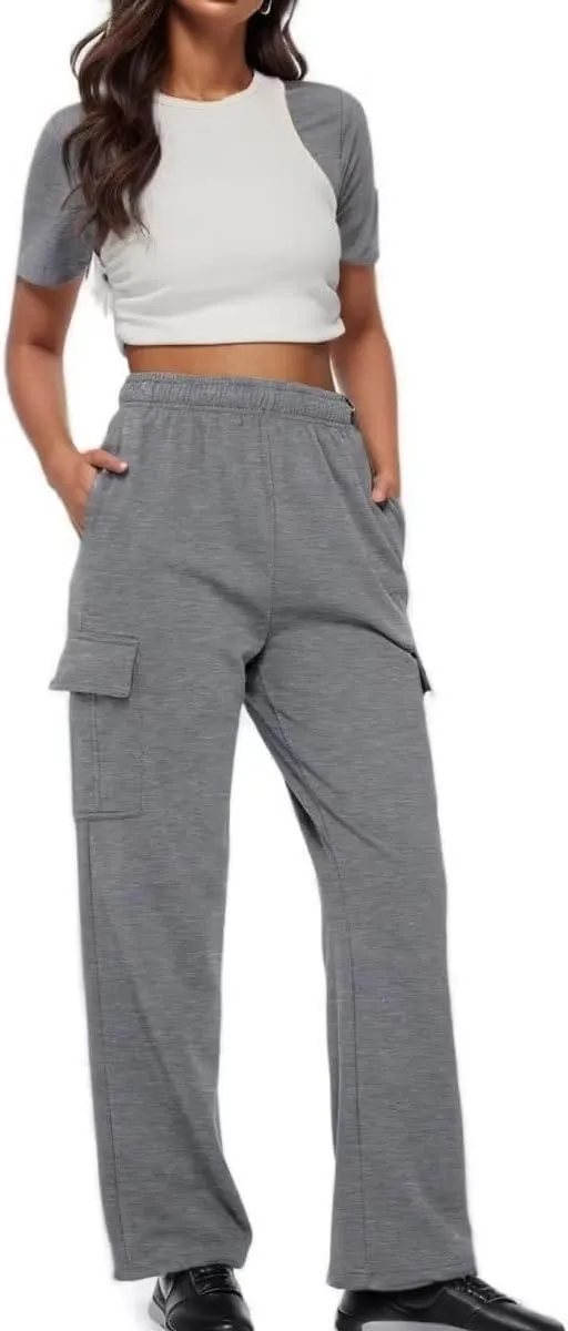 Women Cargo Sweatpants Casual Wide Leg Sweats Pants Dressy Elastic High Waist Active Lounge Trousers with Pockets