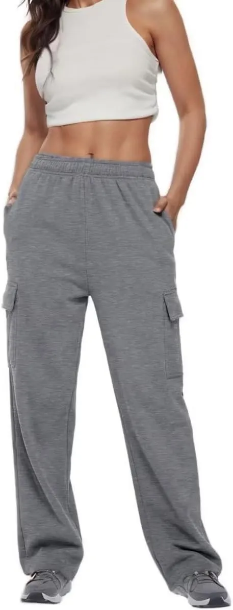 Women Cargo Sweatpants Casual Wide Leg Sweats Pants Dressy Elastic High Waist Active Lounge Trousers with Pockets
