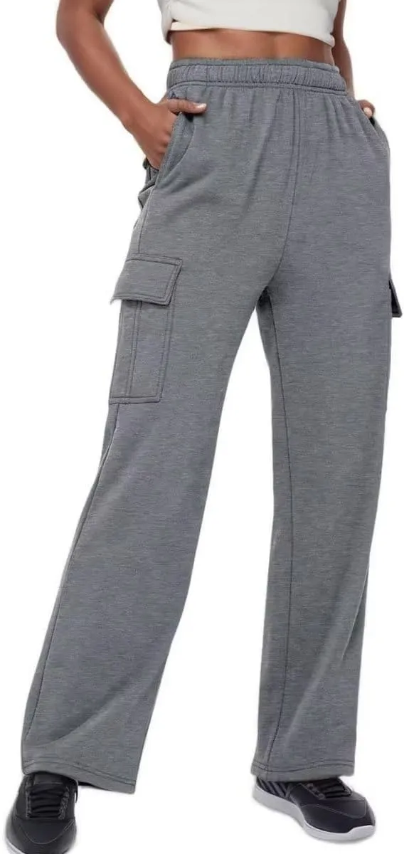 Women Cargo Sweatpants Casual Wide Leg Sweats Pants Dressy Elastic High Waist Active Lounge Trousers with Pockets