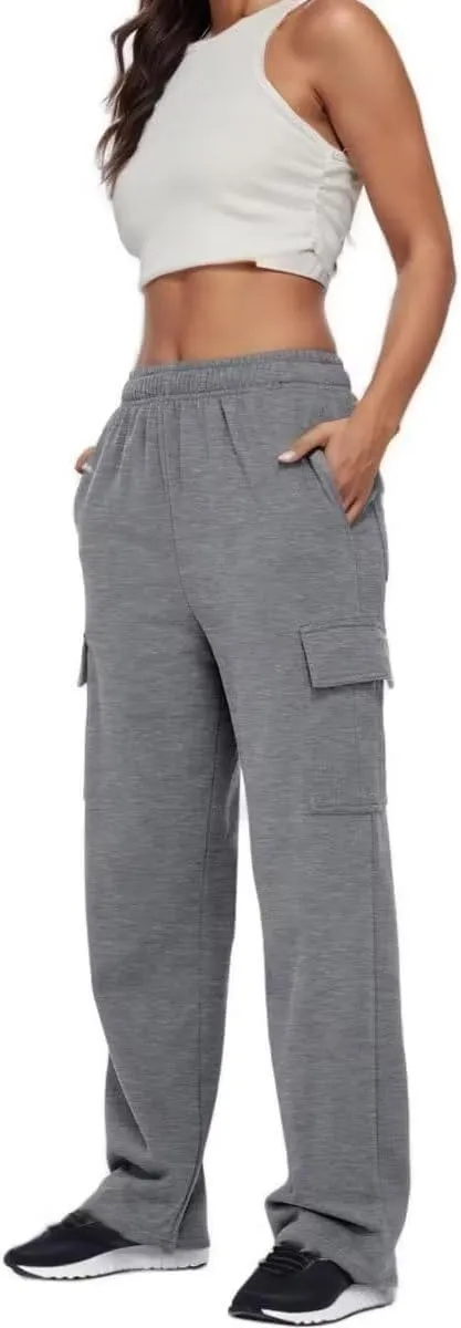 Women Cargo Sweatpants Casual Wide Leg Sweats Pants Dressy Elastic High Waist Active Lounge Trousers with Pockets