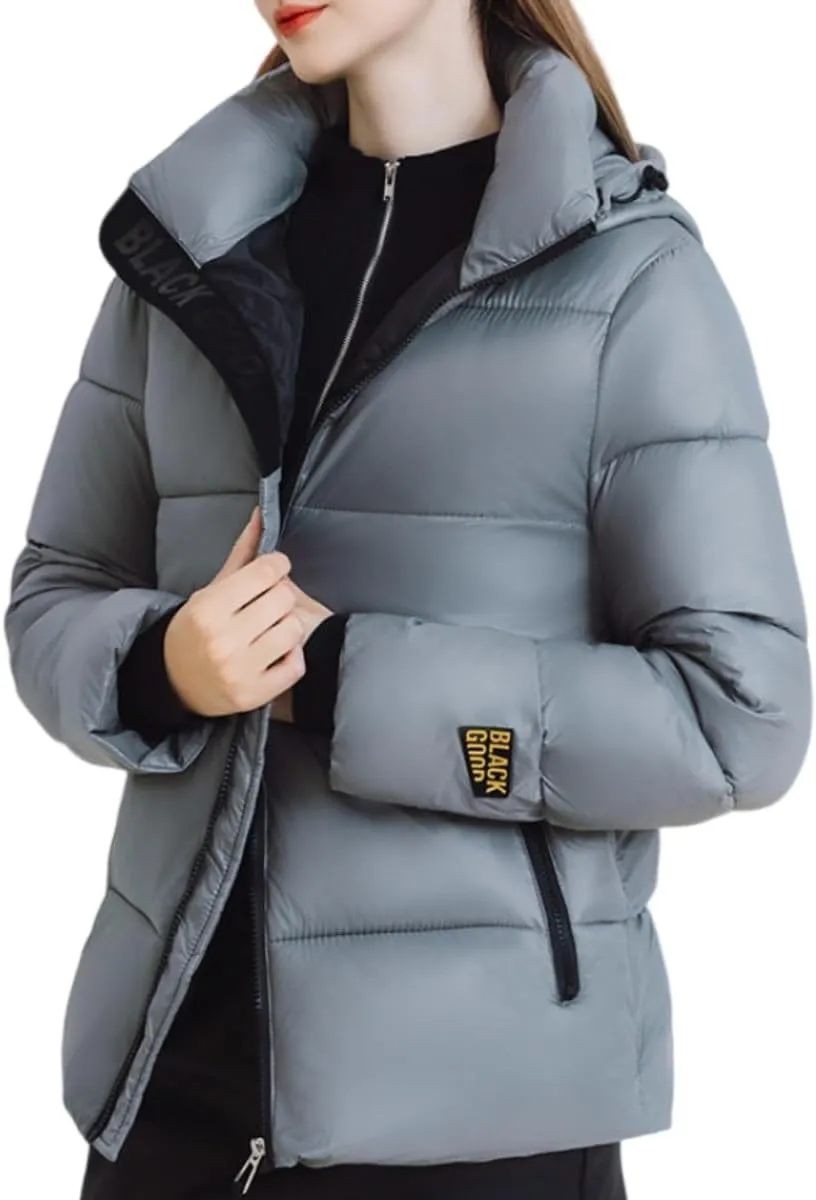 Women Cute Solid Casual Lapel Hooed Zip Down Jacket Pockets Quilted Parka Jacket Puffer Warm Thicken Coat