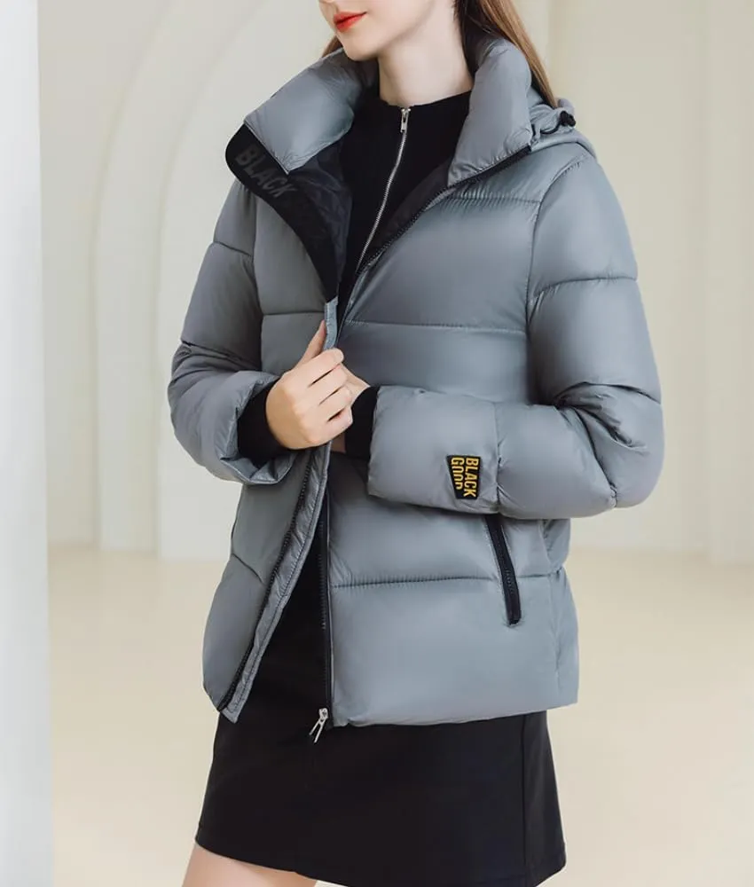 Women Cute Solid Casual Lapel Hooed Zip Down Jacket Pockets Quilted Parka Jacket Puffer Warm Thicken Coat
