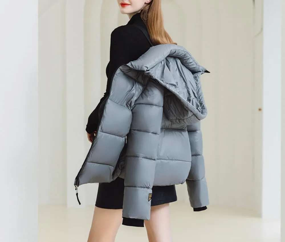 Women Cute Solid Casual Lapel Hooed Zip Down Jacket Pockets Quilted Parka Jacket Puffer Warm Thicken Coat