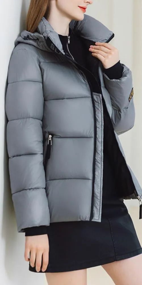 Women Cute Solid Casual Lapel Hooed Zip Down Jacket Pockets Quilted Parka Jacket Puffer Warm Thicken Coat
