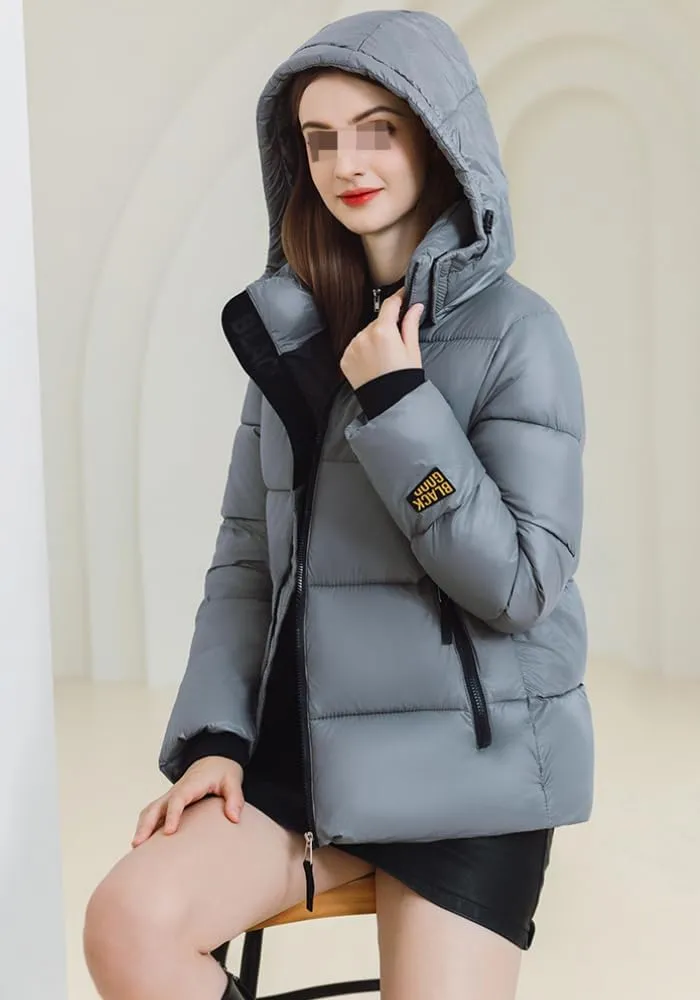 Women Cute Solid Casual Lapel Hooed Zip Down Jacket Pockets Quilted Parka Jacket Puffer Warm Thicken Coat