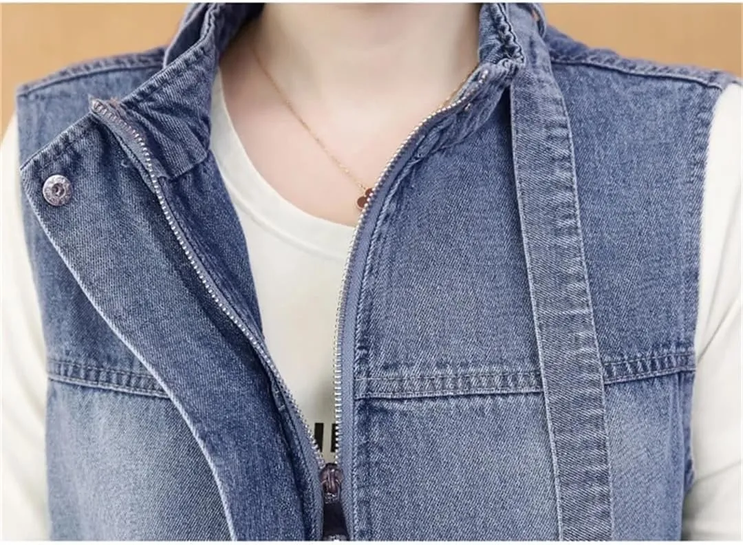 Women Denim Vest Sleeveless Mid-Length Jean Cardigan Coat Stand Collar Loose Waistcoat