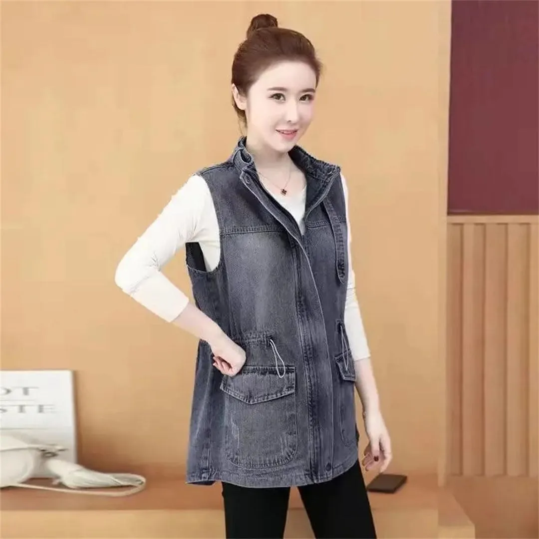 Women Denim Vest Sleeveless Mid-Length Jean Cardigan Coat Stand Collar Loose Waistcoat
