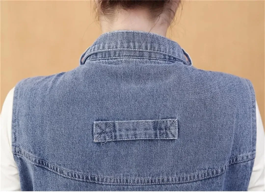 Women Denim Vest Sleeveless Mid-Length Jean Cardigan Coat Stand Collar Loose Waistcoat