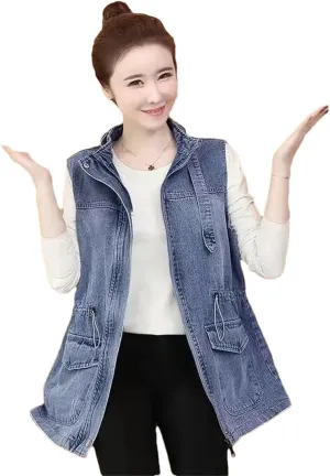 Women Denim Vest Sleeveless Mid-Length Jean Cardigan Coat Stand Collar Loose Waistcoat