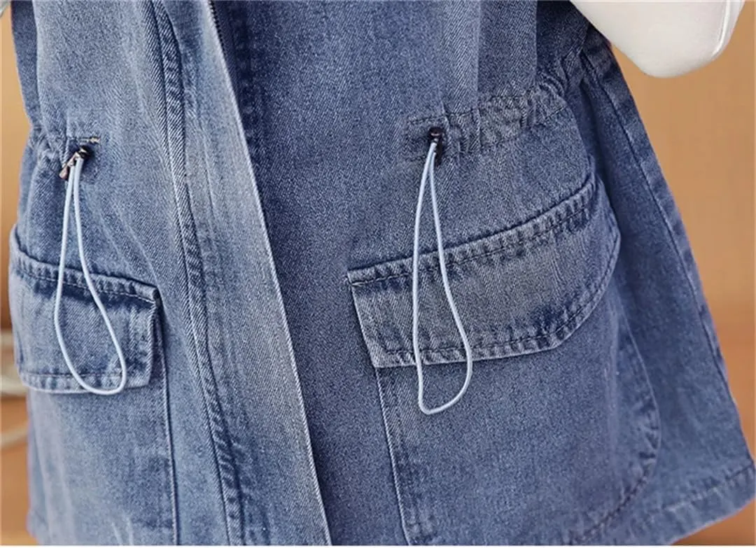 Women Denim Vest Sleeveless Mid-Length Jean Cardigan Coat Stand Collar Loose Waistcoat