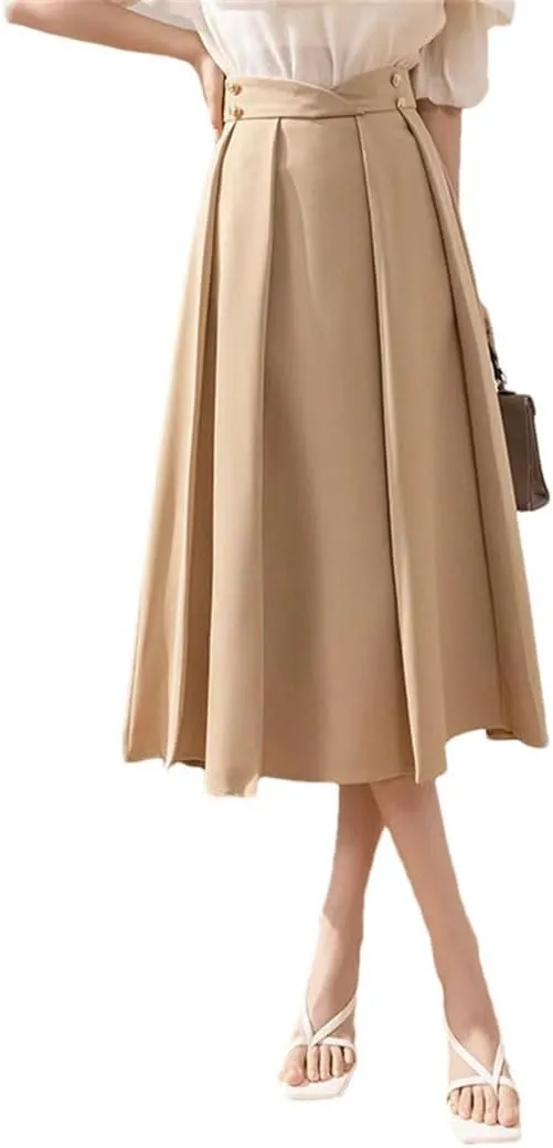 Women Elegant Pleated for Solid Color Buttons High Waist A-Line Umbrella Skirts
