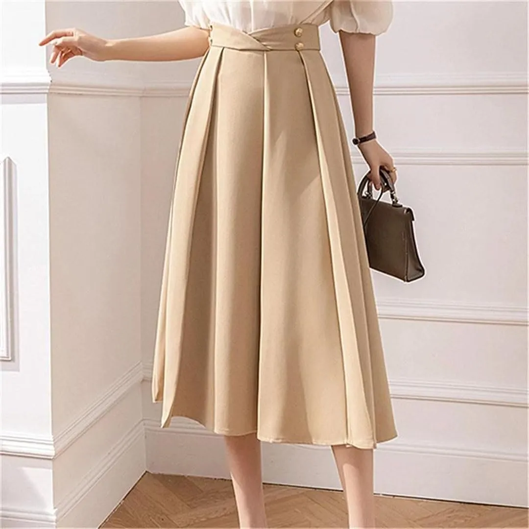 Women Elegant Pleated for Solid Color Buttons High Waist A-Line Umbrella Skirts