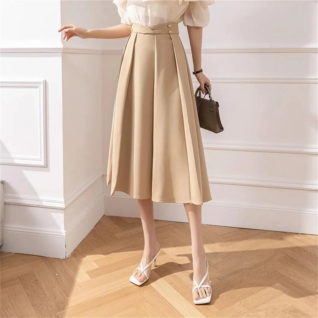 Women Elegant Pleated for Solid Color Buttons High Waist A-Line Umbrella Skirts