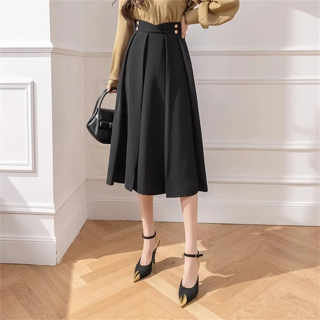 Women Elegant Pleated for Solid Color Buttons High Waist A-Line Umbrella Skirts