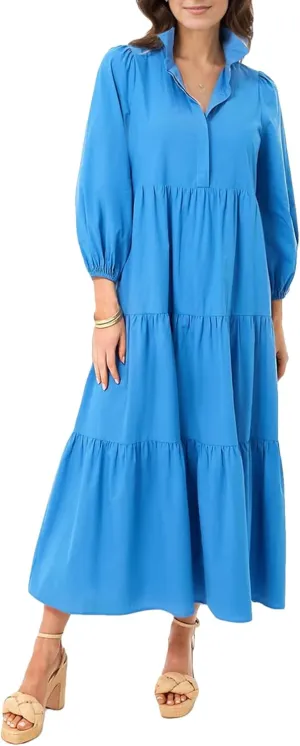 Women Flowy Maxi Shirt Dress Casual Button Down V Neck Ruffled Beach Long Dresses with Pockets