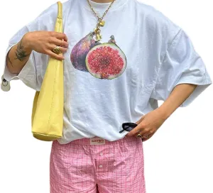 Women Graphic Oversized Tee Y2k Fruit Print Short Sleeve White Top Crewneck Cute Aesthetic Tee Shirts Summer