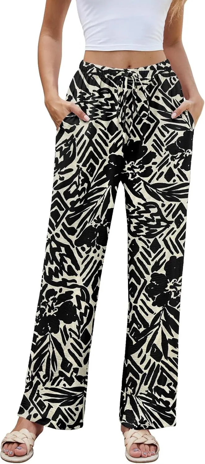 Women High Waist Casual Pants Elastic Wide Leg Summer Beach Palazzo Trousers with Pockets Lightweight Comfy