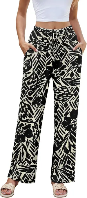 Women High Waist Casual Pants Elastic Wide Leg Summer Beach Palazzo Trousers with Pockets Lightweight Comfy