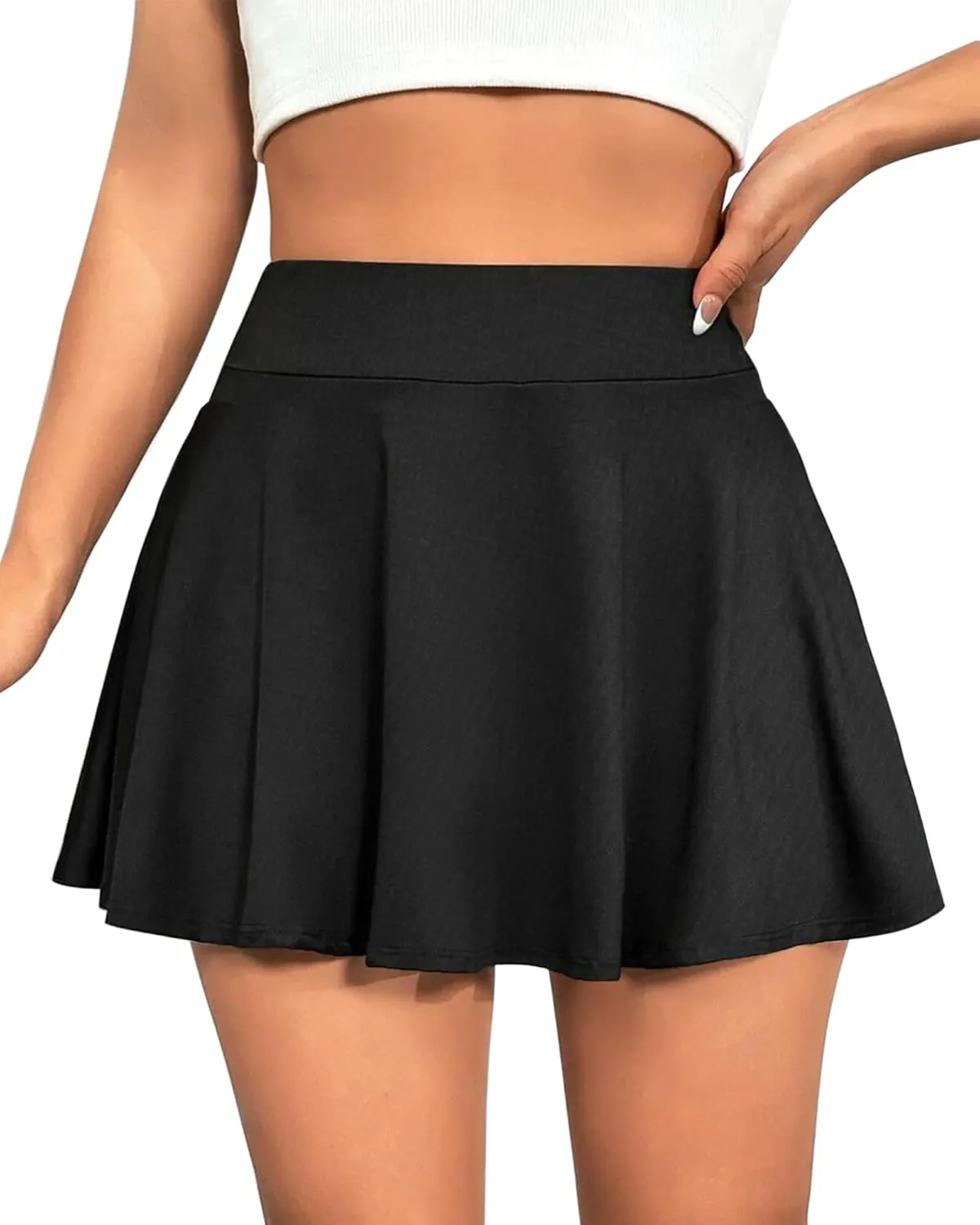 Women High Waist Flowy Basic Versatile Stretchy Flared Casual Pleated Mini Skirts with Lining Shorts