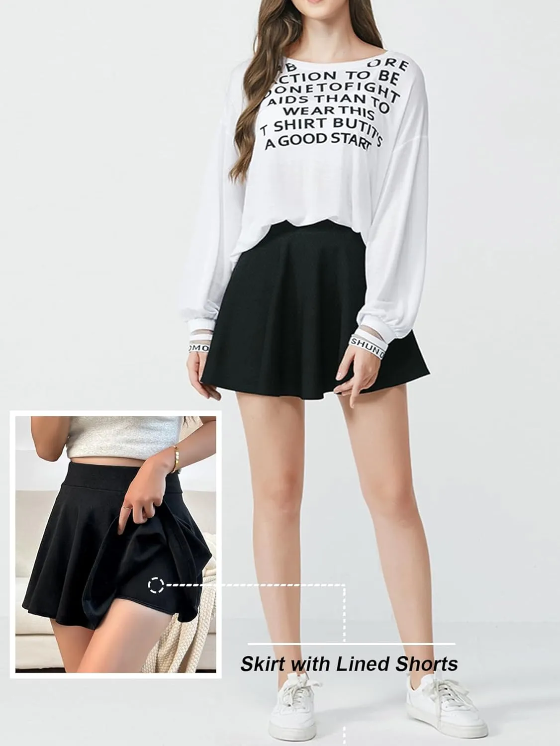 Women High Waist Flowy Basic Versatile Stretchy Flared Casual Pleated Mini Skirts with Lining Shorts