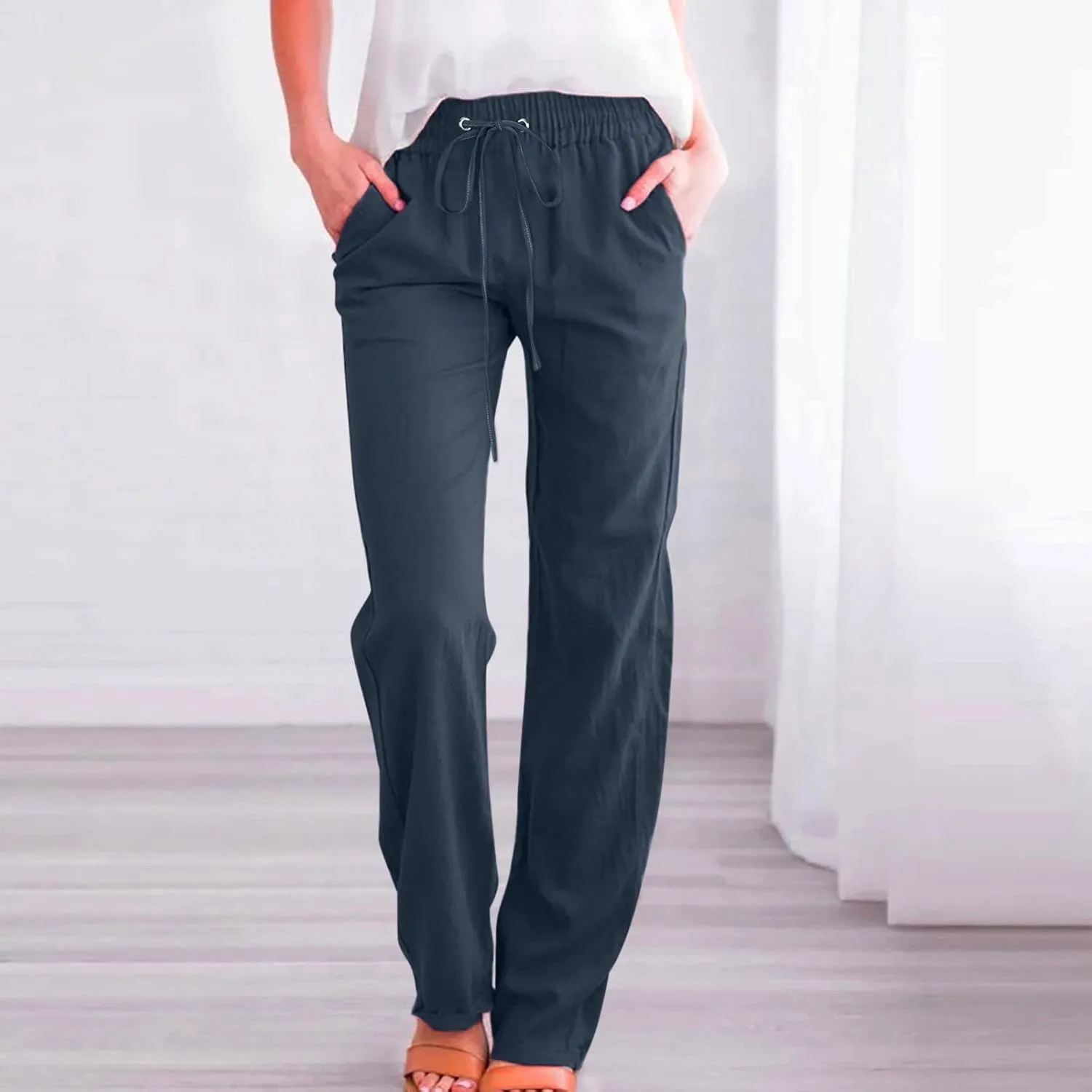 Women High Waisted Wide Leg Pants Casual Drawstring Elastic Trousers Comfy Straight Leg Long Pants with Pockets
