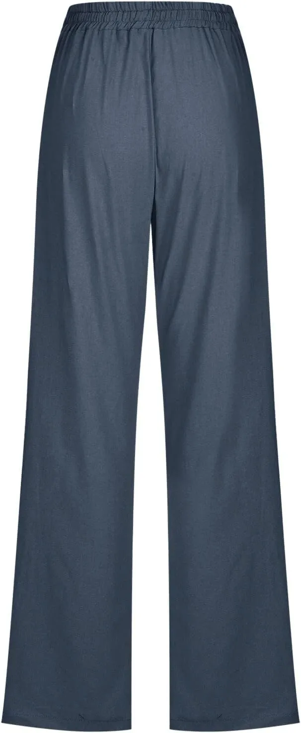Women High Waisted Wide Leg Pants Casual Drawstring Elastic Trousers Comfy Straight Leg Long Pants with Pockets