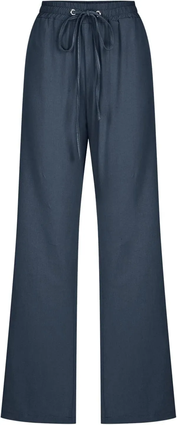 Women High Waisted Wide Leg Pants Casual Drawstring Elastic Trousers Comfy Straight Leg Long Pants with Pockets
