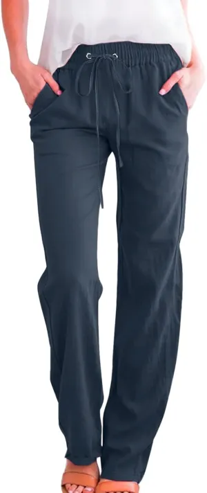 Women High Waisted Wide Leg Pants Casual Drawstring Elastic Trousers Comfy Straight Leg Long Pants with Pockets