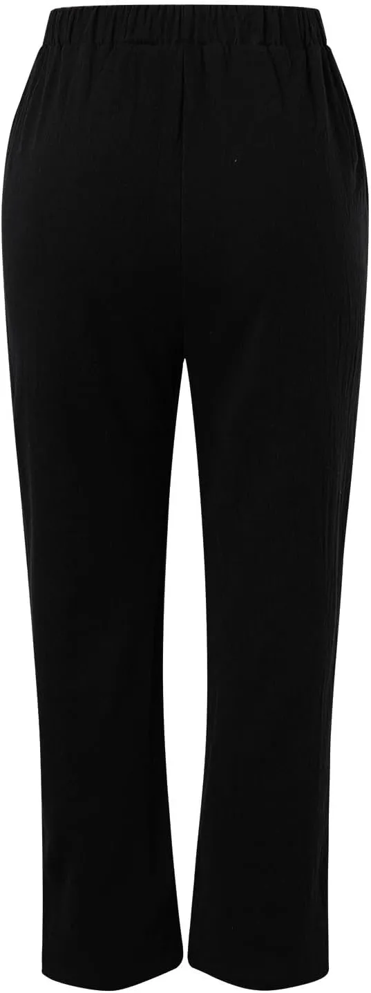 Women High Waisted Wide Leg Pants Fashion Drawstring Elastic Trousers Comfy Straight Leg Long Pants with Pockets