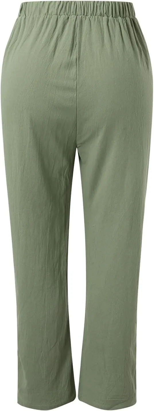 Women High Waisted Wide Leg Pants Fashion Drawstring Elastic Trousers Comfy Straight Leg Long Pants with Pockets