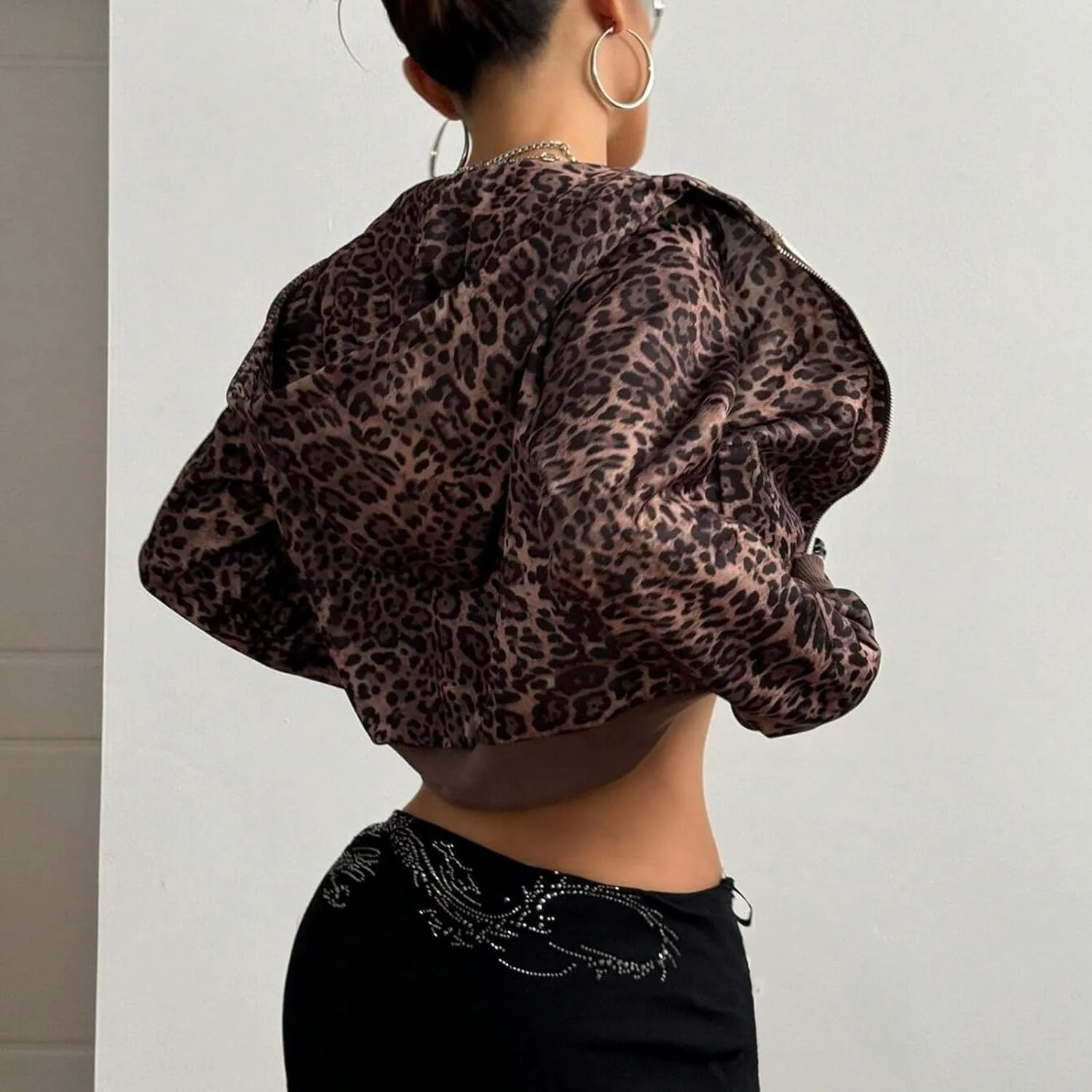 Women Leopard Print Full Zip Up Crop Hoodie Long Sleeve Fleece Cheetah Print Zipper Cropped Hooded Sweatshirt