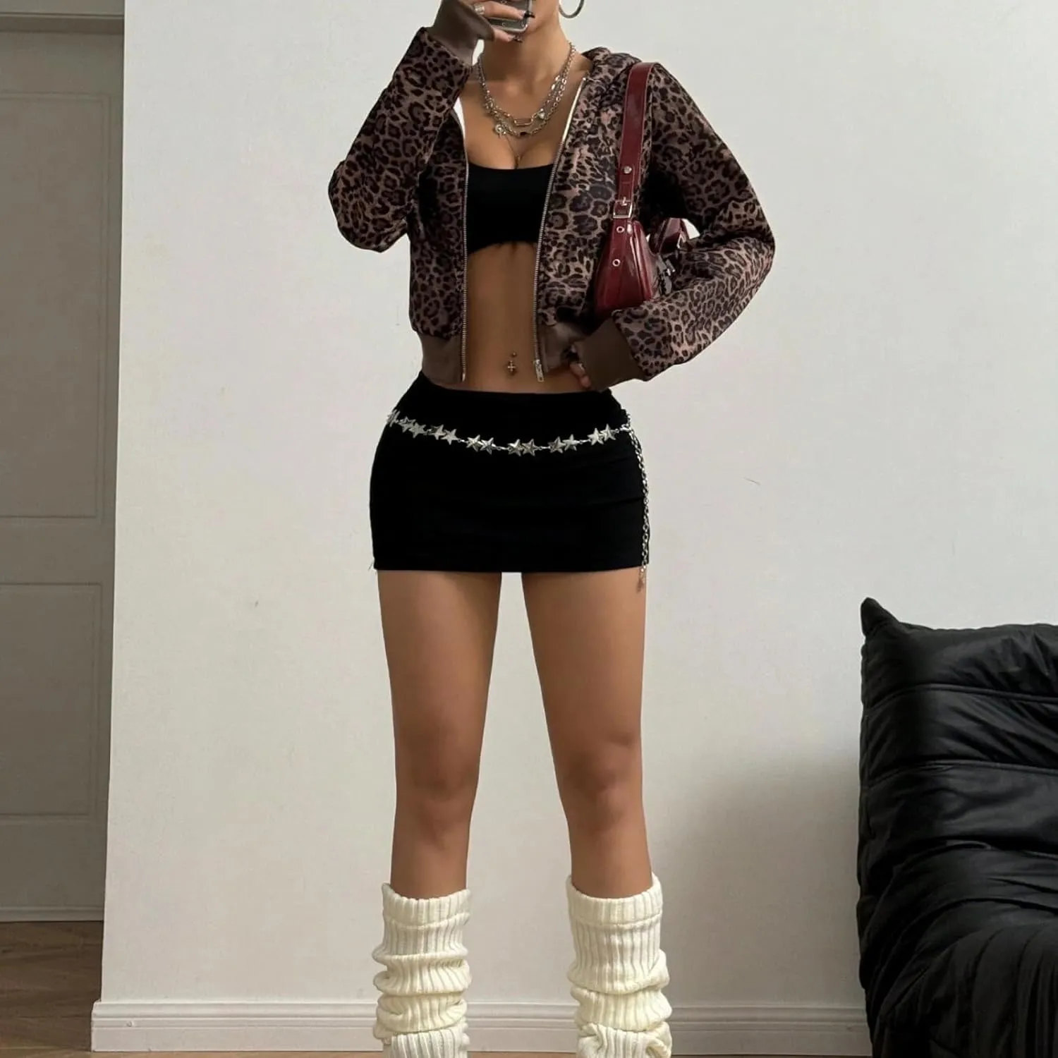 Women Leopard Print Full Zip Up Crop Hoodie Long Sleeve Fleece Cheetah Print Zipper Cropped Hooded Sweatshirt