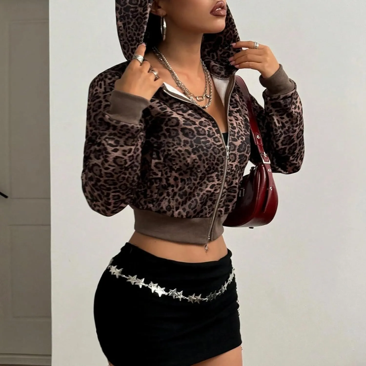 Women Leopard Print Full Zip Up Crop Hoodie Long Sleeve Fleece Cheetah Print Zipper Cropped Hooded Sweatshirt