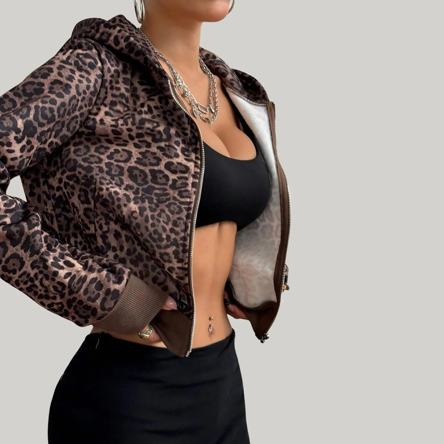 Women Leopard Print Full Zip Up Crop Hoodie Long Sleeve Fleece Cheetah Print Zipper Cropped Hooded Sweatshirt