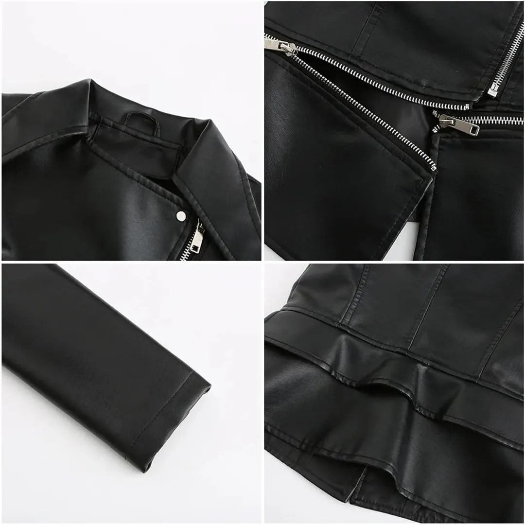 Women Moto Biker Zipper Jacket Spring Faux Leather Jacket Short Crop Coat