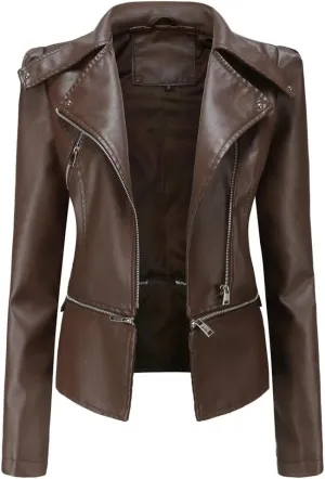 Women Moto Biker Zipper Jacket Spring Faux Leather Jacket Short Crop Coat