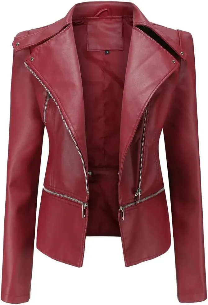 Women Moto Biker Zipper Jacket Spring Faux Leather Jacket Short Crop Coat
