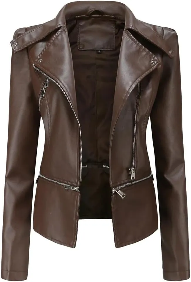 Women Moto Biker Zipper Jacket Spring Faux Leather Jacket Short Crop Coat