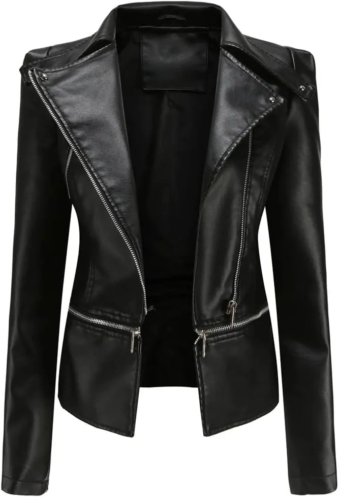 Women Moto Biker Zipper Jacket Spring Faux Leather Jacket Short Crop Coat