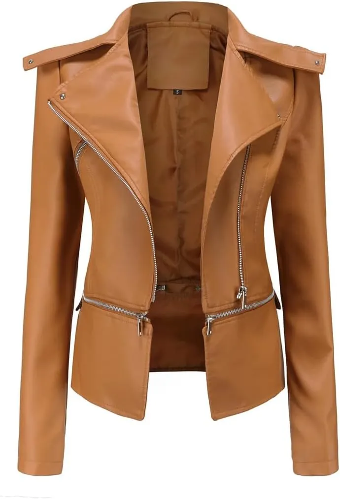 Women Moto Biker Zipper Jacket Spring Faux Leather Jacket Short Crop Coat