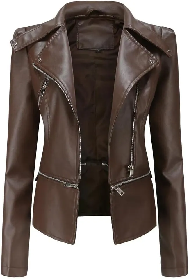 Women Moto Biker Zipper Jacket Spring Faux Leather Jacket Short Crop Coat