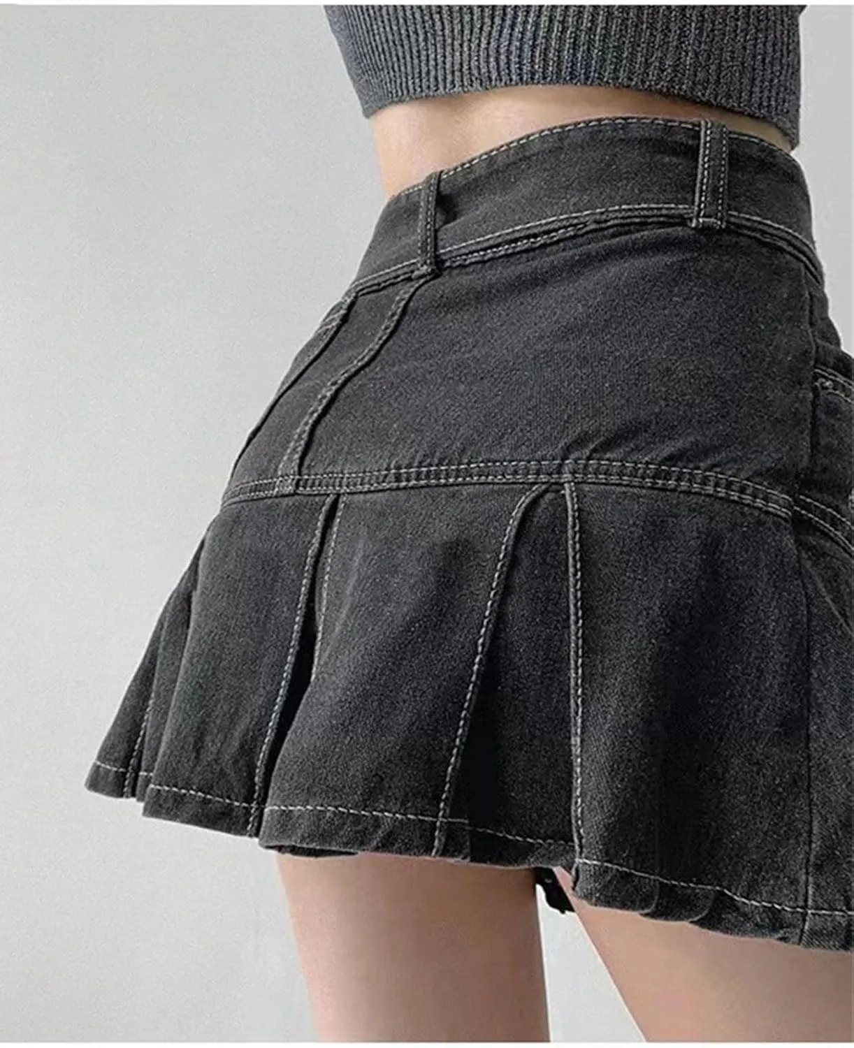 Women Pleated Denim Mini Skirt Casual High Waist Mini A-Line Short Skirt