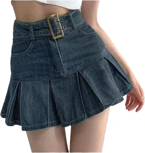 Women Pleated Denim Mini Skirt Casual High Waist Mini A-Line Short Skirt