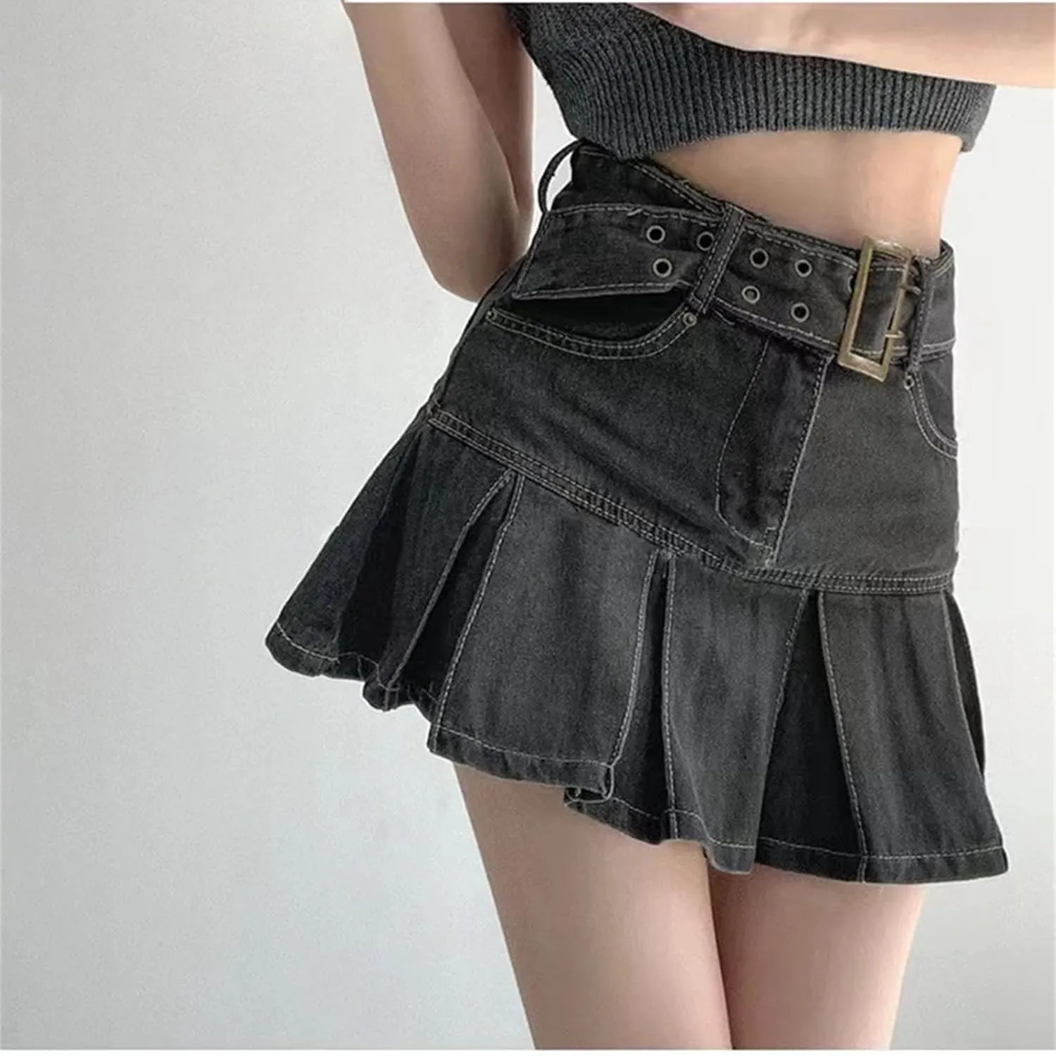 Women Pleated Denim Mini Skirt Casual High Waist Mini A-Line Short Skirt