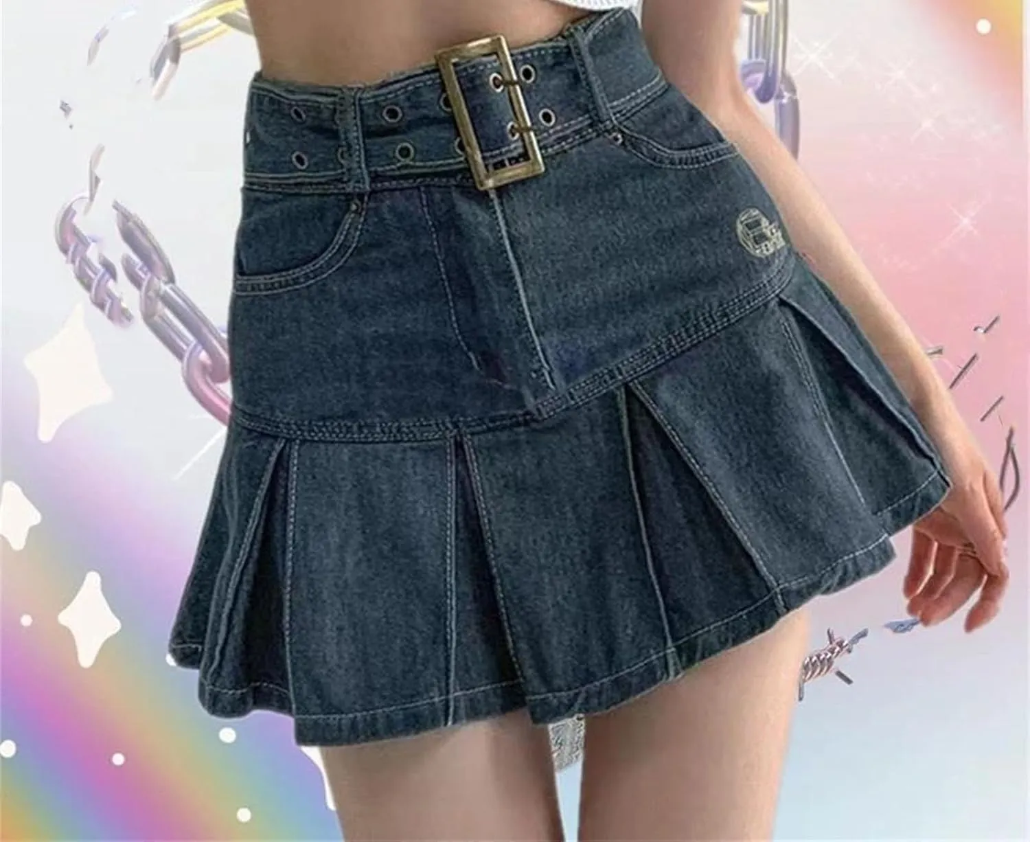 Women Pleated Denim Mini Skirt Casual High Waist Mini A-Line Short Skirt