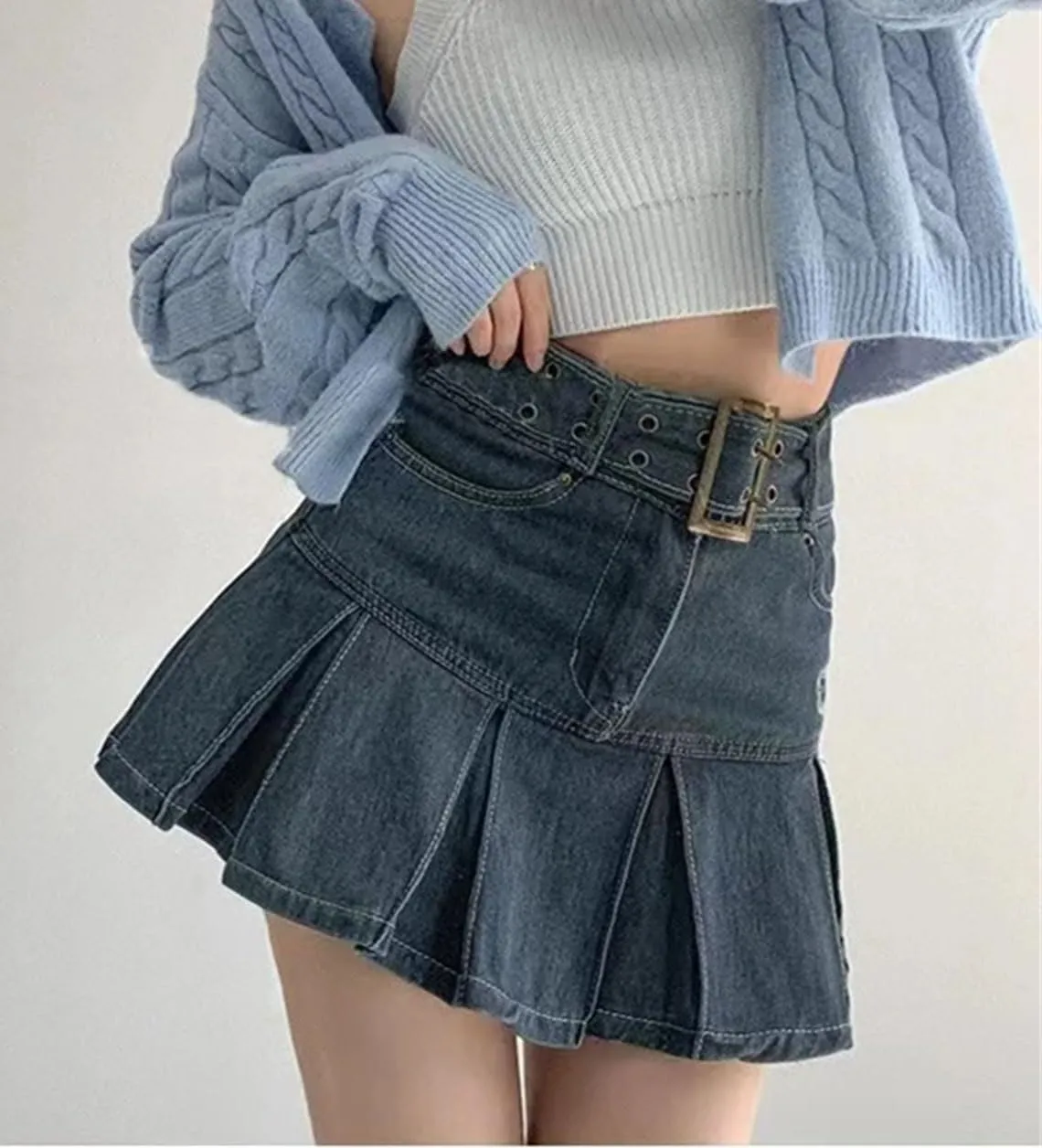 Women Pleated Denim Mini Skirt Casual High Waist Mini A-Line Short Skirt