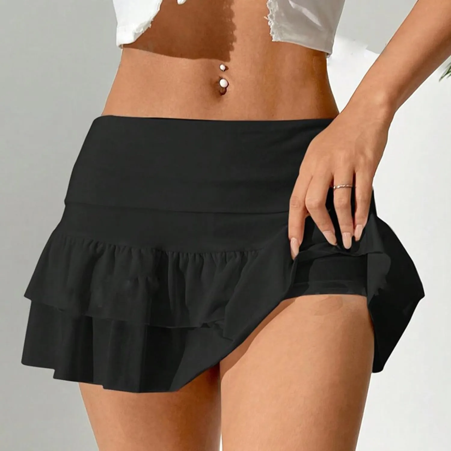 Women Sexy Tiered Mini Skirt Low Waist Ruffled Hem Flowy Pleated Bodycon Skorts Summer Y2k Fairy Coquette Streetwear