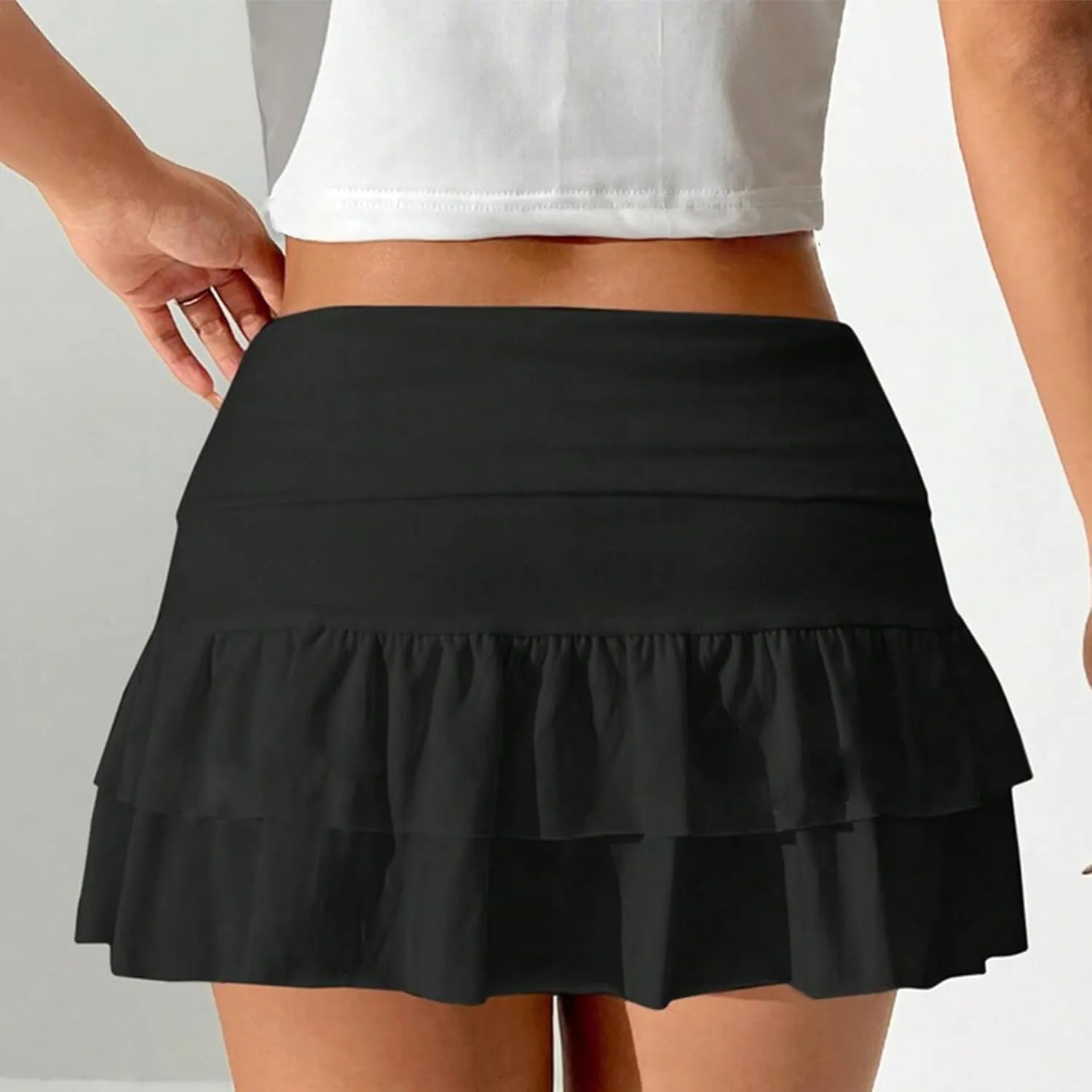 Women Sexy Tiered Mini Skirt Low Waist Ruffled Hem Flowy Pleated Bodycon Skorts Summer Y2k Fairy Coquette Streetwear