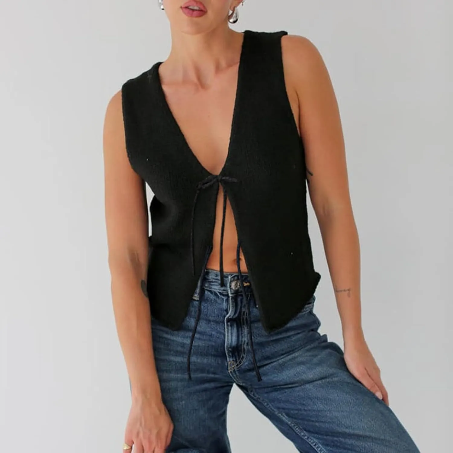 Women Sleeveless Knit Vest Top V Neck Open Front Tie Up Crochet Crop Top Casual Vintage Y2k Sweater